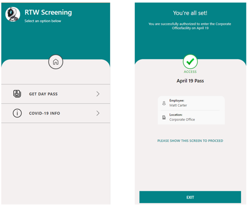 Return to Work App page shown when employee passed the screening.