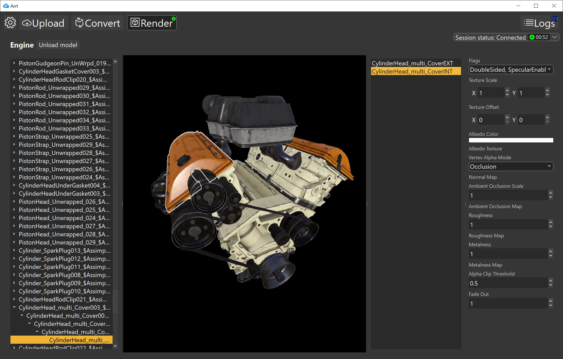 ARR Asset Tool Render view in-action with options to change material properties