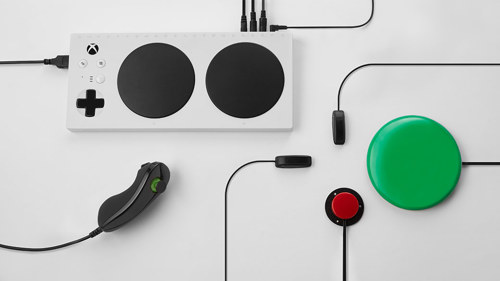 Xbox Adaptive Controller and external devices such as switches, buttons, mounts, joysticks.